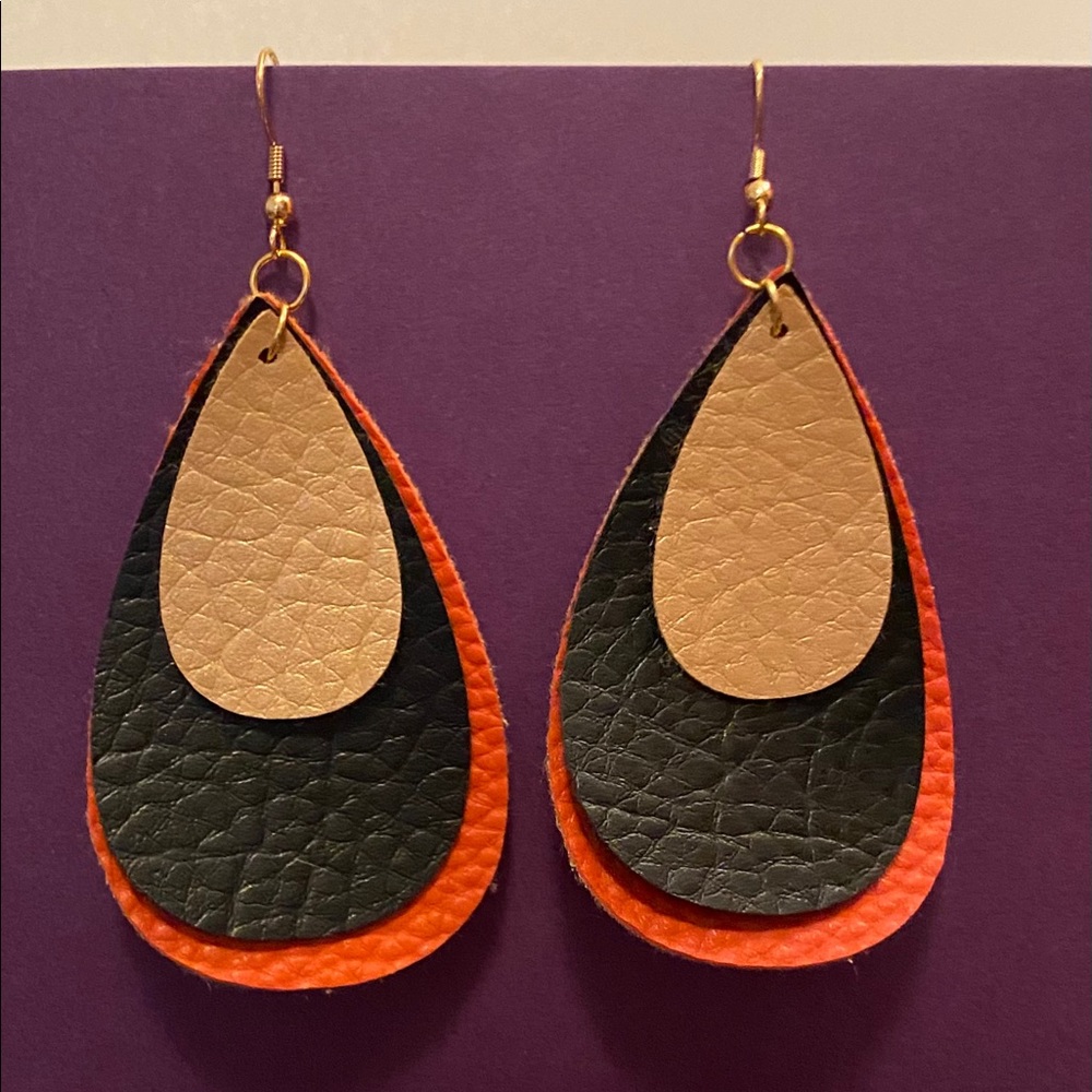 Handmade Faux Leather Orange Black &Gold Earrings